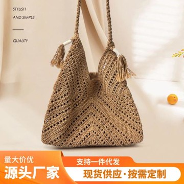 廠家批發手工鉤針棉線鏤空文藝風單肩手提包海邊沙灘休閑包