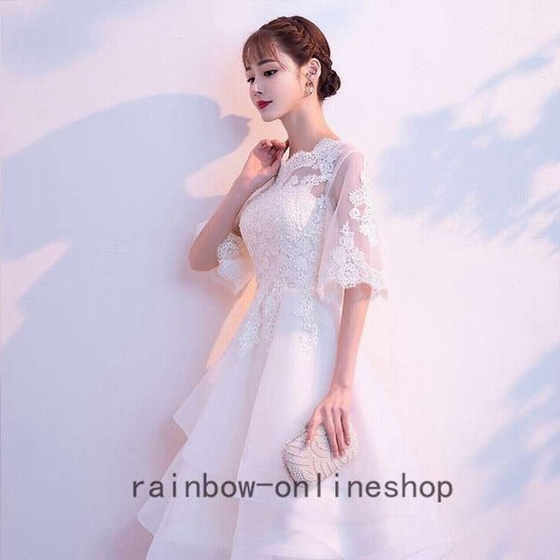 パーティードレス ミディアムドレス 白 ワンピース 披露宴 結婚式 二次会 花嫁ドレス ウエディングドレス 袖ありロング丈 通販 Lineポイント最大0 5 Get Lineショッピング