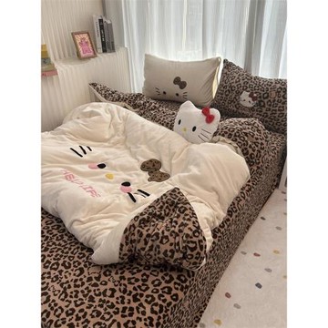 豹紋少女心可愛白色貓咪牛奶絨冬季加厚保暖四件套雙面絨三件套
