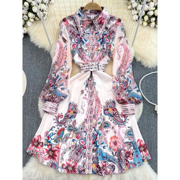 2025春秋季復古宮廷風長袖翻領收腰顯瘦單排扣印花a字襯衫連衣裙