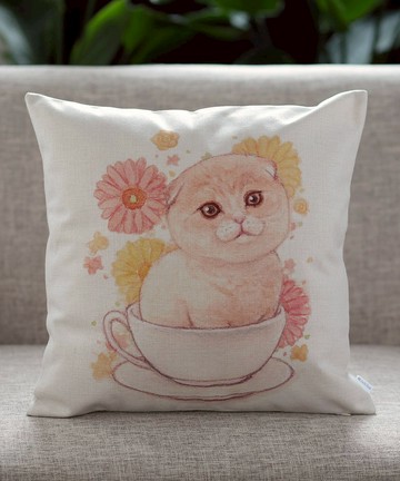 Jubilee 天然亞麻材質 抱枕套 柔軟觸感 蘇格蘭摺耳貓 茶杯款