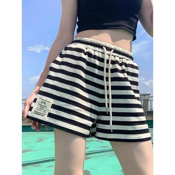 【女裝】黑白條紋短褲 休閒A字短褲女 夏季短褲女 鬆緊腰抽繩短褲 寬鬆百搭沙灘褲 短褲女 女生褲子 短褲女