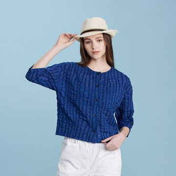 進口純棉皺皺條紋全開襟上衣