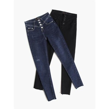 四粒扣子高腰彈力韓版緊身牛仔褲小腳鉛筆褲顯瘦女褲2024秋季新款