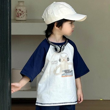 BOMI - 涼感吸濕透氣圓領短袖上衣-DJ小貓-拼色藏青