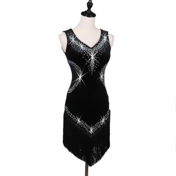 腰部透紗拉丁舞裙新款成人女流蘇連衣裙鑲鉆拉丁舞表演比賽服裝