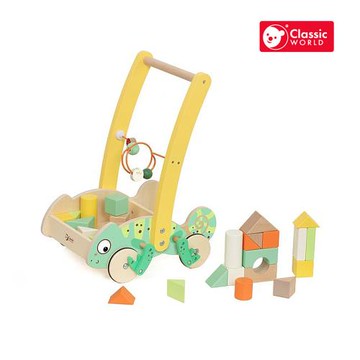 【德國 classic world 客來喜經典木玩】變色龍寶寶探險車/學步助步推車/積木撥珠遊戲