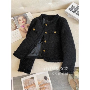 黑色小香風外套女2025秋冬新款高級感法式亮絲羊毛粗花呢子短上衣