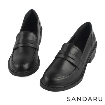 山打努SANDARU-樂福鞋 尖頭紳士粗中跟真皮皮鞋-黑