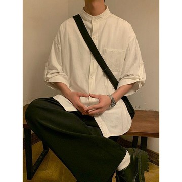 【夏季衬衫】軍綠色無領襯衫男棉麻新國風漢服唐裝中山裝外套七八分袖夏季