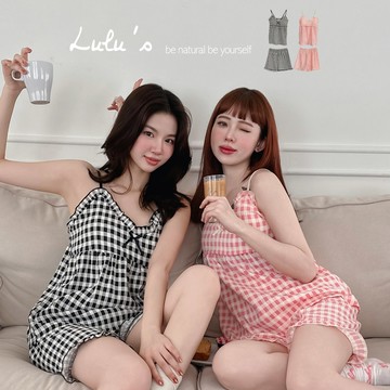 特價/睡衣套裝日系格子細肩罩杯背心+短褲２色【A01250350】