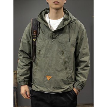 美式套頭半拉鏈沖鋒衣外套男春秋季新款潮牌戶外大碼工裝衛衣夾克