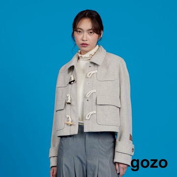 【gozo】牛角釦毛呢短版外套(淺灰/綠色_F) | 女裝 修身 百搭