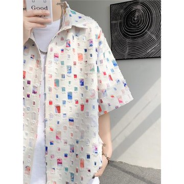小香風襯衫男士短袖設計感oversize情侶裝破洞格子襯衣夏季外套