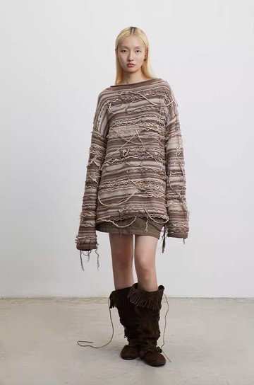 Tassel Sweater 手工流蘇不規則條紋毛衣