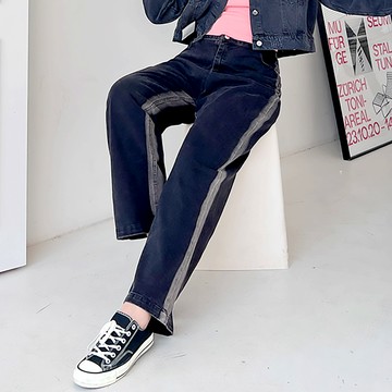 【RC8182】221007側刷白修飾牛仔寬褲 黑 XL-4XL (預購)