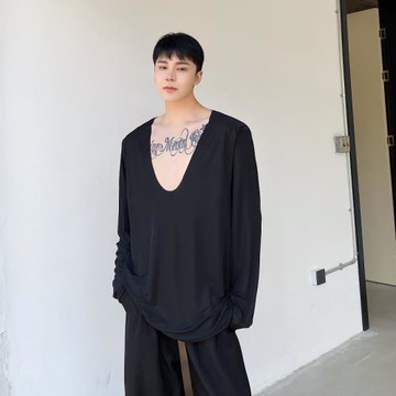 夏季冰絲垂感氣質大V領墊肩長袖T恤男韓版簡約痞帥薄款設計感上衣