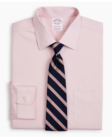 Brooks Brothers Men's Stretch Madison Relaxed-Fit Dress Shirt, Non-Iron Pinpoint Ainsley Collar | Pink | Size 17½ 38