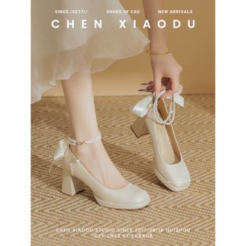 法式厚底白色瑪麗珍女鞋單鞋新款婚鞋新娘鞋伴娘高跟鞋粗跟不累腳