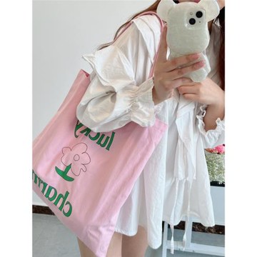 夏日溫柔粉色小花帆布包雙面兩用單肩包韓風大容量布袋學生上課包