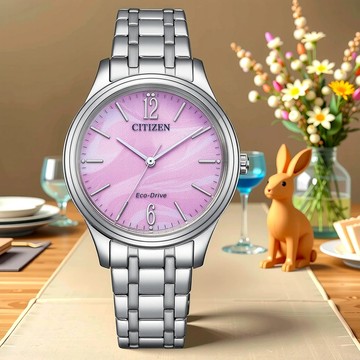 CITIZEN 星辰 光動能大三針時尚女錶-銀x粉紅/34mm EM0411-71X