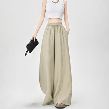 夏季新薄款杏色山本褲高腰顯瘦冰絲闊腿垂感慵懶風直筒休閑高個子