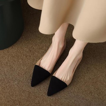 復古小香風拼色尖頭單鞋女粗跟2024春夏新款淺口豆豆鞋平底低跟
