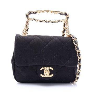 CHANEL 香奈兒 黑色 菱格紋 緞面 Mini Logo Flap 鍊帶 肩背包 【二手名牌BRAND OFF】