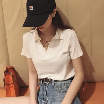 翻領白色短袖t恤女夏修身v領設計感小眾ins潮港風運動polo衫