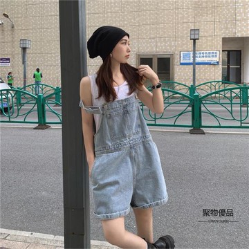 闊腿牛仔吊帶短褲女夏季薄款韓版高腰顯瘦直筒寬鬆吊帶褲熱褲【聚物優品】