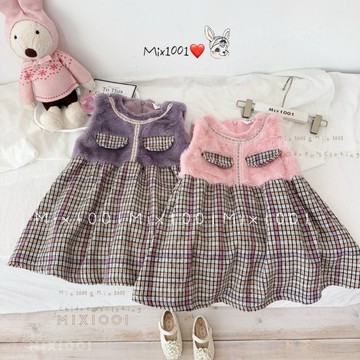 🌈✨mix1001 厚🔥超值感👍🏻 經典款柔軟絨毛拼接方格背心洋✨兒童毛呢方格絨毛背心洋裝 5-17