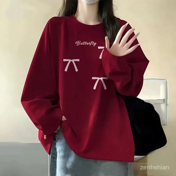 ✨100%純棉 蝴蝶結印花 大尺碼女裝 長袖上衣女 寬鬆上衣 純棉長袖 長袖衛衣 顯瘦遮肚 內搭打底 休閒上衣