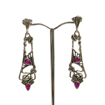 新藝術風格紅寶石鑲嵌吊墜和耳環 925 純銀