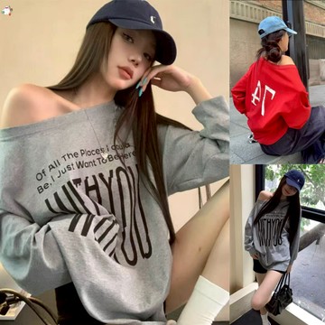 大美妞★現+貨 【兩面可穿】小香風露肩長袖T恤 兩面T恤 新款斜肩 T恤 一字肩短袖 寬鬆上衣 oversize t恤