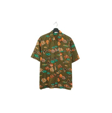 Back to Green-經典魚圖騰短袖襯衫 軍綠 fs-07//vintage shirt