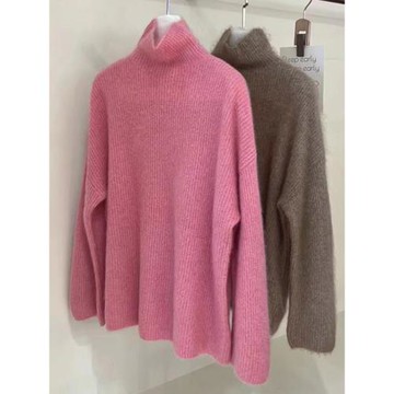 樹莓粉色半高領打底毛衣女秋冬寬松慵懶浣熊絨套頭內搭針織衫上衣