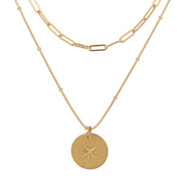 宏雲Hongyun-QJ-幸運八芒星羅盤雙層項鍊女歐美復古指南針吊墜鎖骨鏈 鈦鋼鍍18k金