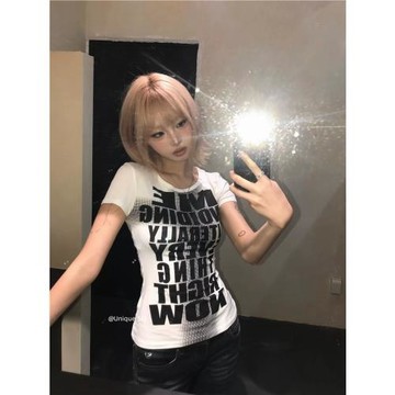 Unique SEI 柳智敏同款韓系夏季字母印花百搭圓領修身短袖T恤上衣
