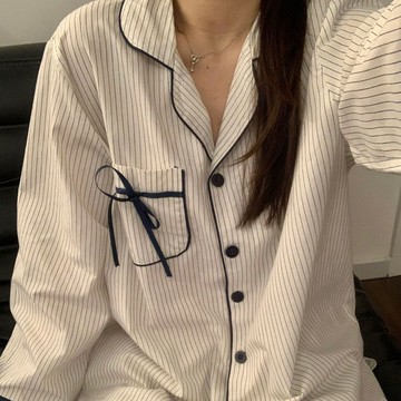可可裡🌺春秋新款ins風條紋翻領睡衣女顯瘦舒適長袖長褲家居服可外穿