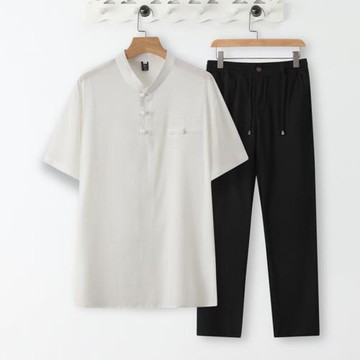 中國風男裝夏季天絲麻料短袖t恤兩件套中式復古唐裝薄款冰絲套裝