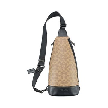COACH棕色C Logo PVC拼接黑色皮革直式單肩胸背斜後背男包