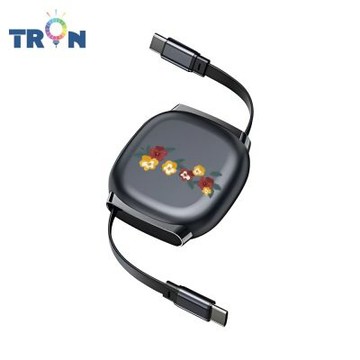 TRON 100W Type-C 伸縮快充線 1M 鈦黑色 平塗手繪小花卉-4 4檔長度調整 可充筆電 適用i15以上手機 平板
