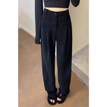 大碼高腰黑色直筒休閑褲女冬季胖mm加絨顯瘦雪尼爾燈芯絨闊腿褲子