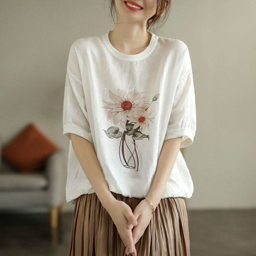 棉麻上衣 亞麻 透氣 舒適 文藝寬鬆夏季純亞麻上衣印花女薄款短袖清新優雅復古風袖恤0506