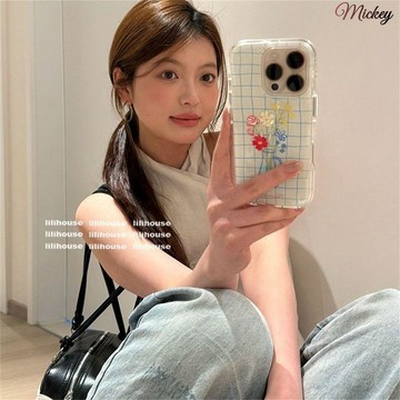 新款藍格子花朵花瓶iPhone17PROMAX手機殼女款13創意16\15可愛14小眾