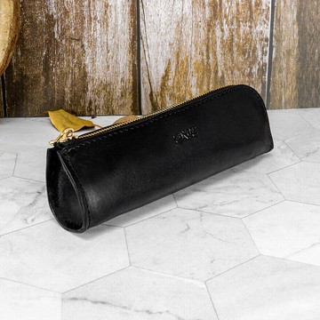 義大利植鞣革單扁型拉鍊文具刷具收納袋(黑色)