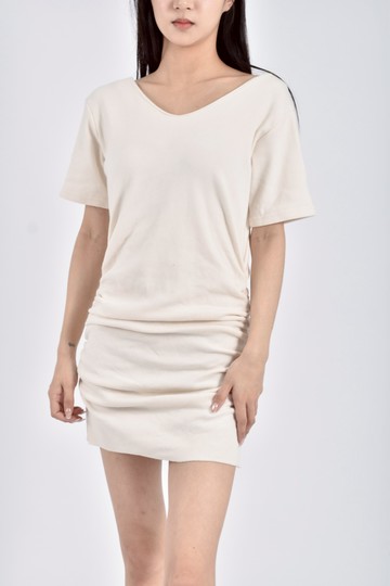 (S) 【德馨私服】plum質感短袖鬆緊帶收腰白色洋裝