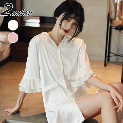 ネグリジェ 春夏 姫 半袖ワンピース 白シャツ 前開きvネックネグリジェ レションフレア パジャマ レディース 大人可愛い部屋着 オシャレ 通販 Lineポイント最大get Lineショッピング