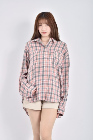 (F) moran韓牌質感格紋翻領排扣粉色襯衫上衣