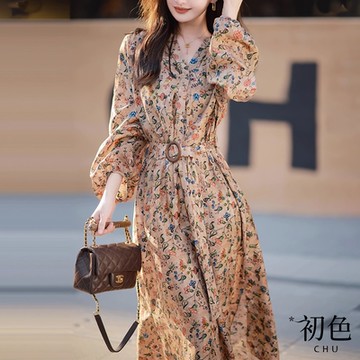 初色  碎花印花收腰顯瘦休閒燈籠長袖連身裙洋裝-花色-33492(M-XL可選)